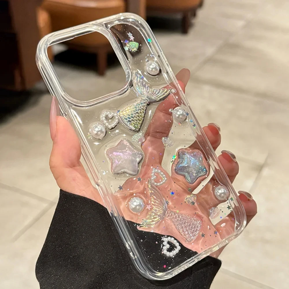 Glittering Ocean Mermaid Pearl & Starfish Clear Soft Phone Case Cover