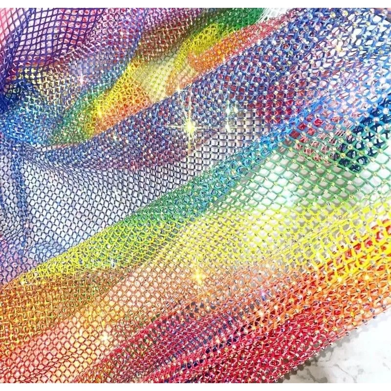 Luxurious High Gloss Elastic Diamond Mesh Fabric with Satin Belt Trim for DIY High-End Dressmaking