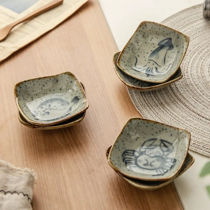 Japanese Vintage Ceramic Square Plate Creative Cartoon Seafood Sauce Dish Seasoning Plate Home Kitchen Tableware