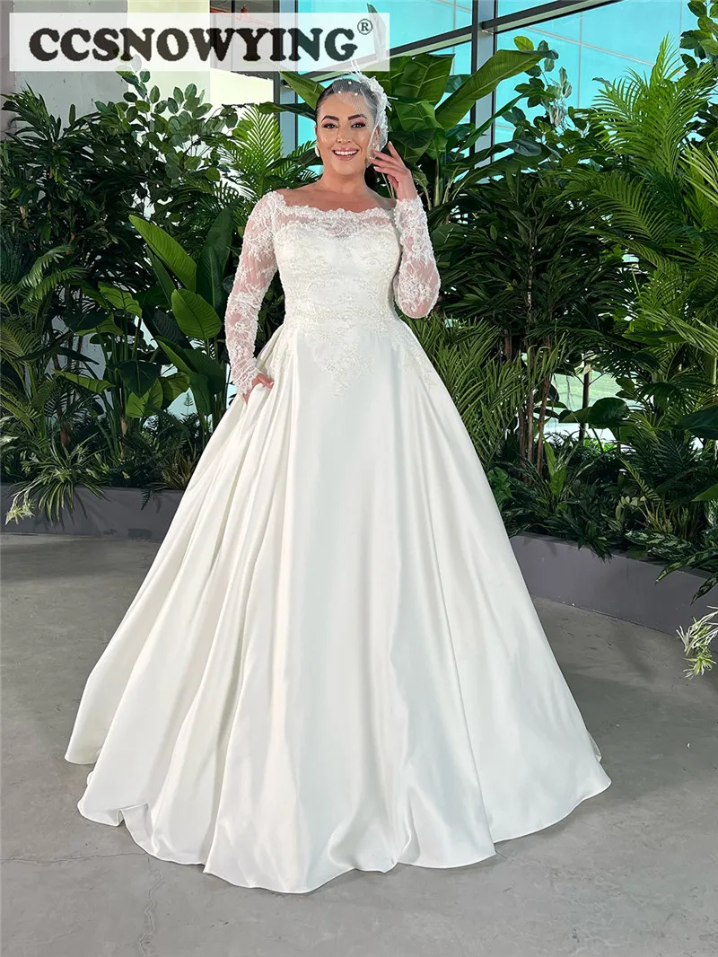

Plus Size Long Sleeve Wedding Dresses with Pockets Off Shoulder Bridal Gown Women Satin Lace Pearls Vestidos De Novia