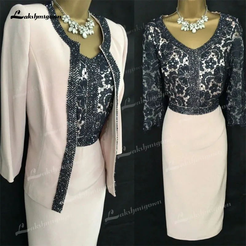 

Elegant Mother of the Bride Dress with Jacket V Neck Three Quarter Sleeve Lace Beading Short Robe Mere De Mariee lakshmigown