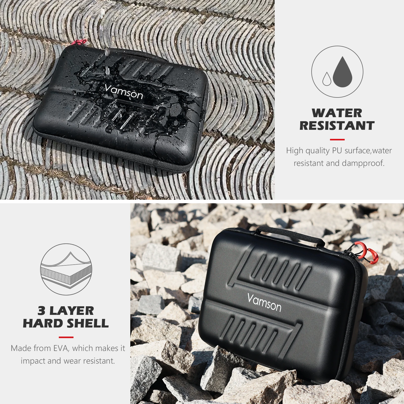 Mallette Vamson fermée avec joints d'étanchéité, idéale pour transporter GoPro et autres action cams en extérieur