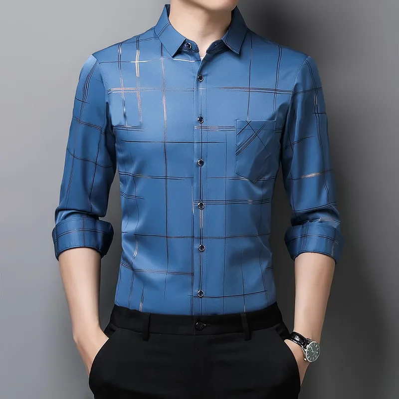 Shirt Men Long sleeved Quality Elastic Gold Stamped Non iron Business Fashion Casual
