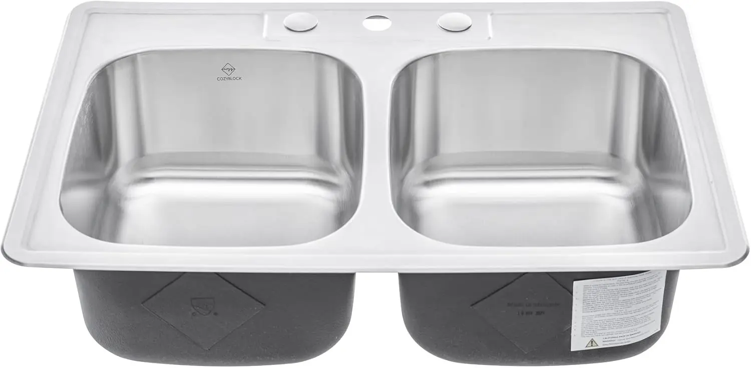 33 x 22 x 9 Inch Top mount Drop in Stainless Steel Double Bowl Kitchen Sink with Strainer 18 Gauge Stainless Steel 3 Faucet Hole 4