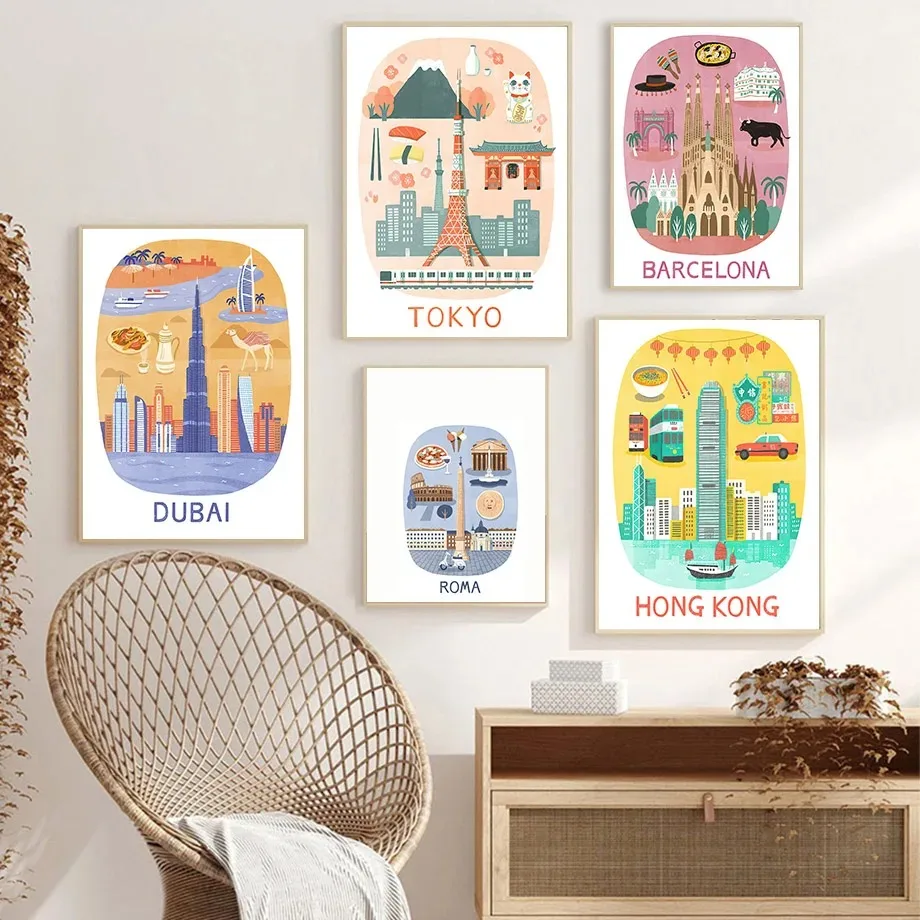 Печать на холсте без рамы Парижа Сидней Барселона Путешествие вокруг света Настенное искусство для украшения гостиной