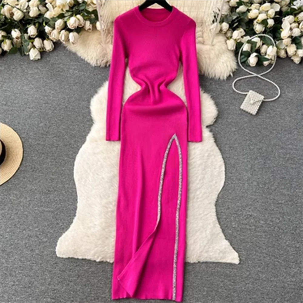 

Candy colored knit dress autumn women's new style slit sexy long sleeves party dresses women evening