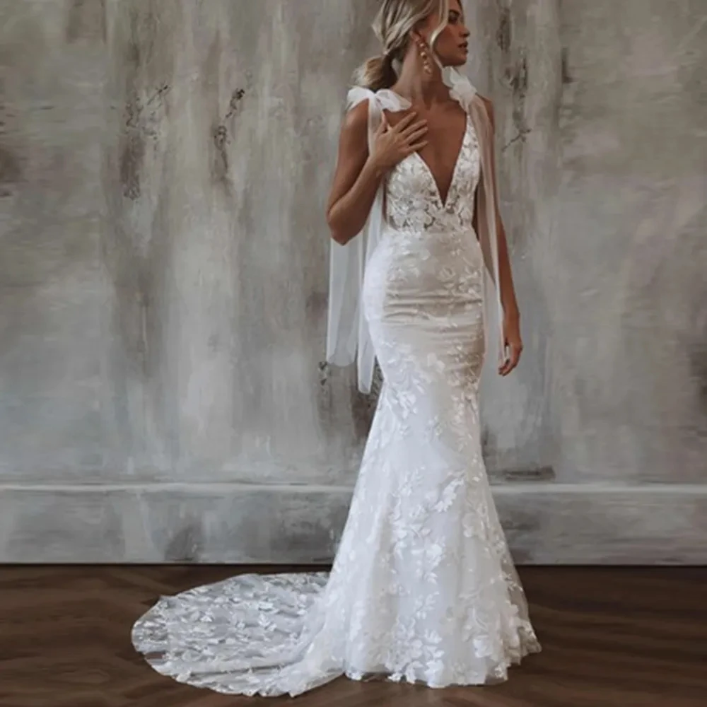 

Женское свадебное платье с юбкой годе, элегантное кружевное платье с V-образным вырезом, на бретельках-спагетти, с бантом, без рукавов, с открытой спиной, Пляжное Платье в стиле бохо для свадьбы, 2023