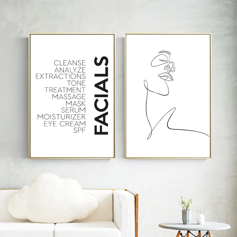 Facials Quotes Canvas Print Spa Beauty Poster Scandinavian Esthetician Gift Woman Face Sketch One Line Drawing Living Room Decor |