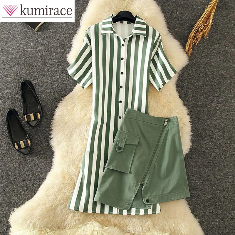 Summer 2023 New Korean Women's Mid Length Striped Shirt Split Short French Retro Two Piece Set Outfits for Women 2 Piece Set