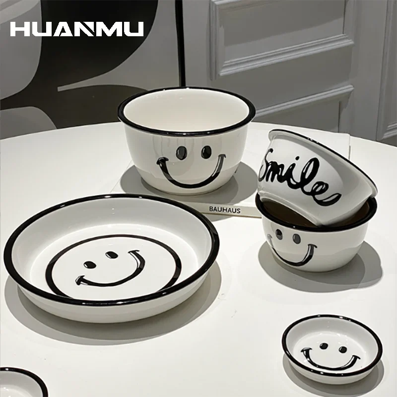 Smiley Face Printed Tableware Set Cartoon Bowl Plate DIY Household