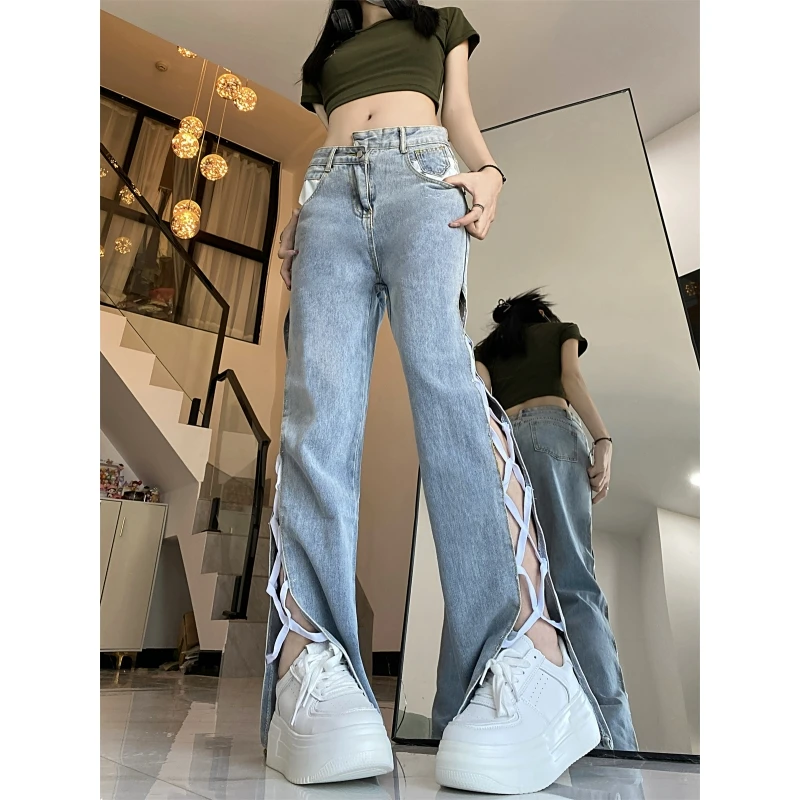 

Blue Womens Jeans Hollow Out Design High Waist Straight Y2K Denim Pants Europe and America Fashion Female Wide Leg Denim Trouser