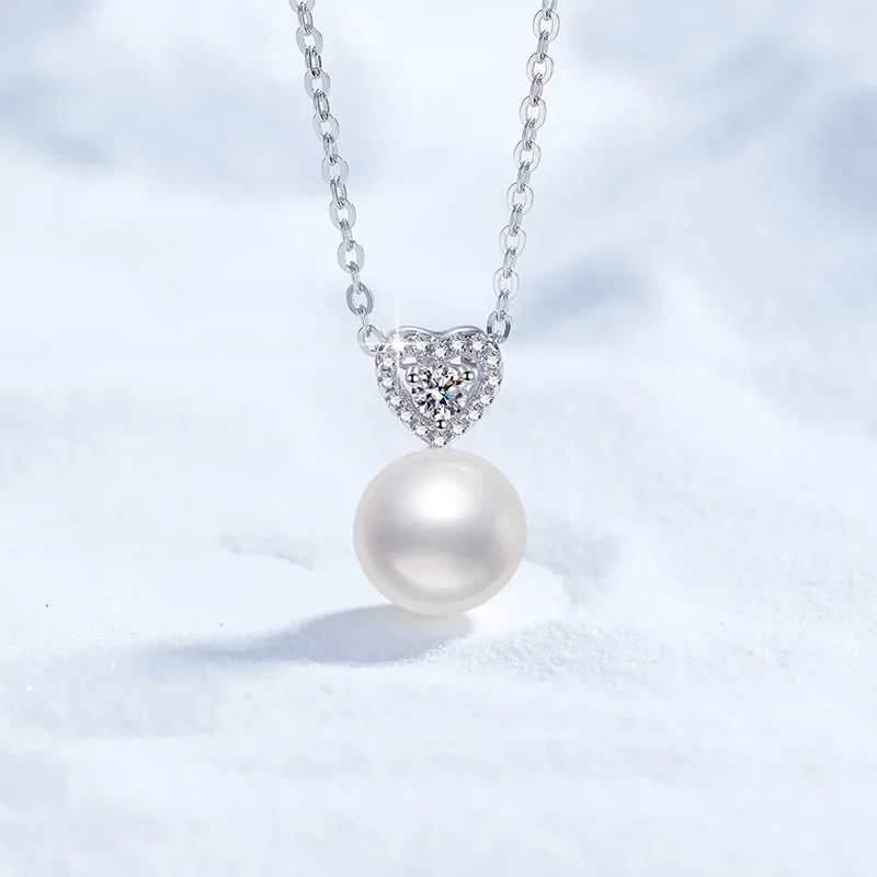 Natural freshwater pearls 925 Sterling Silver 0.5ct D Color Moissanite Heart Pendant Necklace For Women Sparkling Jewelry