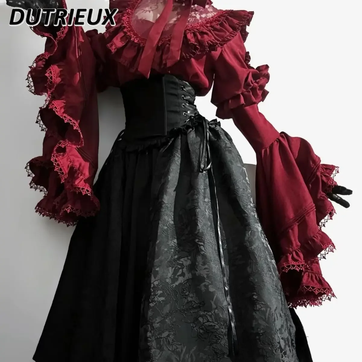 Japanese Lolita Gothic Sweet Girls Solid Color Long-sleeve Shirt Gorgeous Elegant Versatile Top and High Waist Long Skirt 5