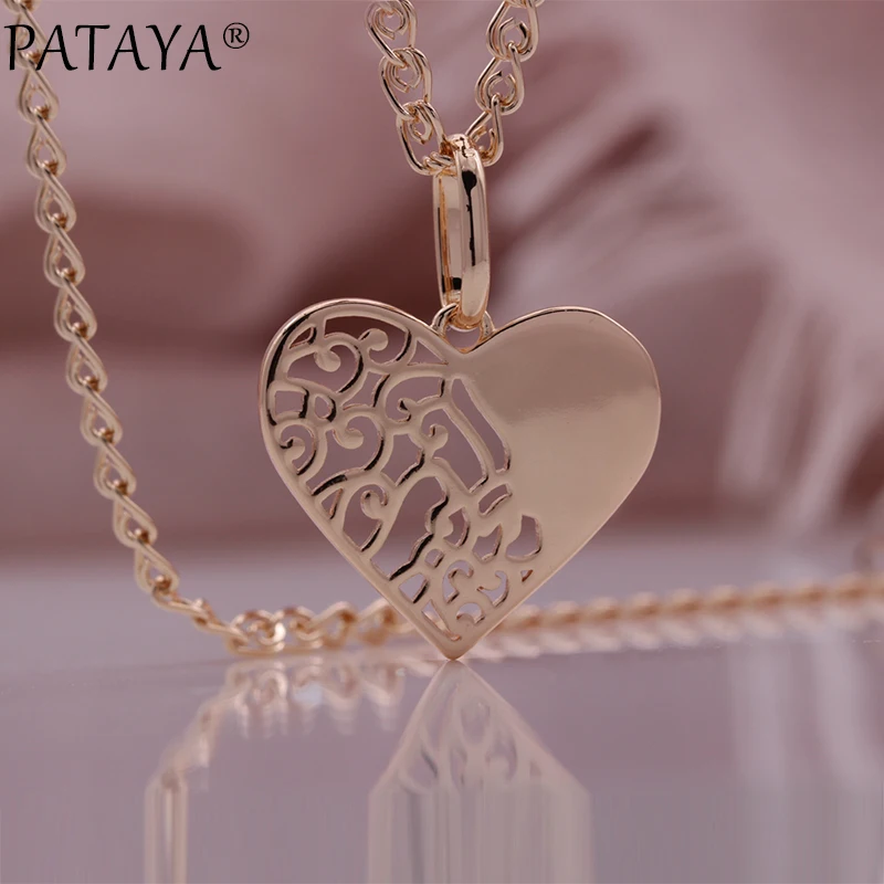 PATAYA New Glossy Luxury Pendant Necklaces 585 Rose Gold Color Women Gift Fashion Jewelry Heart-shaped Hollow Necklaces