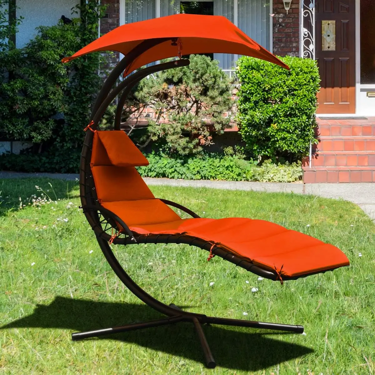 Hanging Chaise Lounger Chair, Arc Stand Porch Swing Chair w/Canopy, Cushion Built-in Pillow, Outdoor Freestanding Swing Hammock