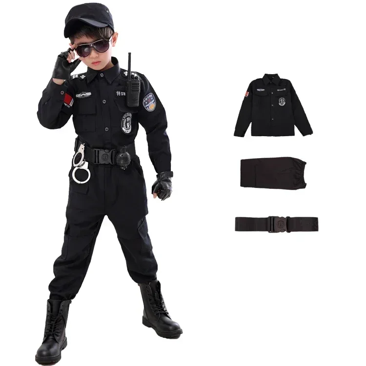 Kids Cosplay Costume Costumes de policier du SWAT pour enfants uniforme de police carnaval pour enfants arm&eacute;e policier soldat Hallo
