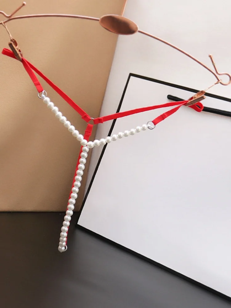 GUUOAT Porn Thong Women Passion Pearl Knickers Massage Low Waist No Need To Take Off Rope Tempting  T-Panty Erotic Lingerie Set