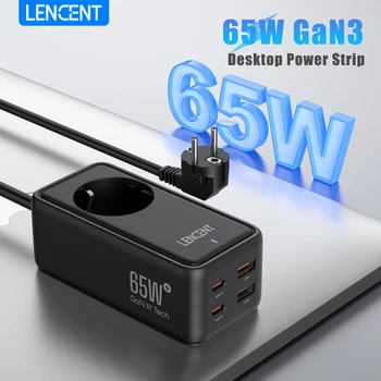 LENCENT 데스크탑 고속 충전기 전원 스트립, 아이폰 샤오미 삼성용, 5 인 1 충전기, 1AC 2 USB 2 타입 C, 1.5M 케이블, 65W GaN3