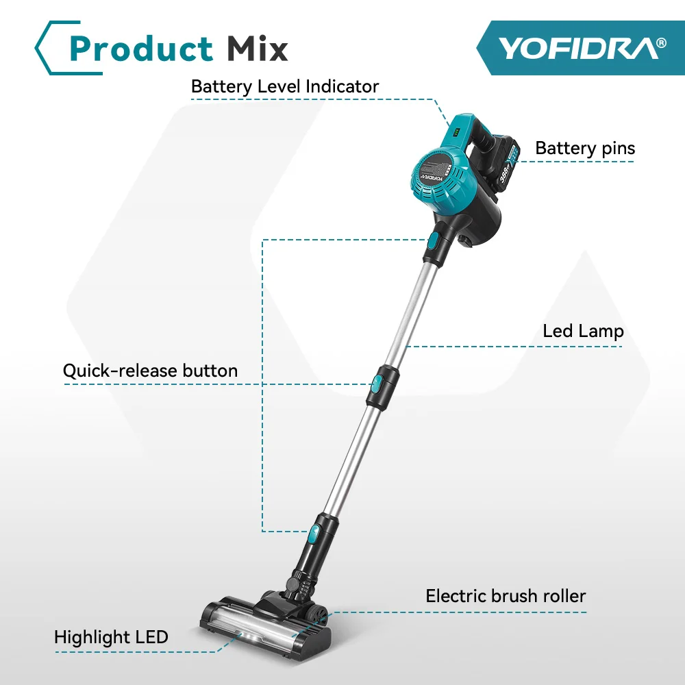 YOFIDRA Brushless Vacuum Cleaner 1800W, 30KPa 1.5L portable powerful suction household cleaning tool compatible with Makita 18V battery pin - Image 6