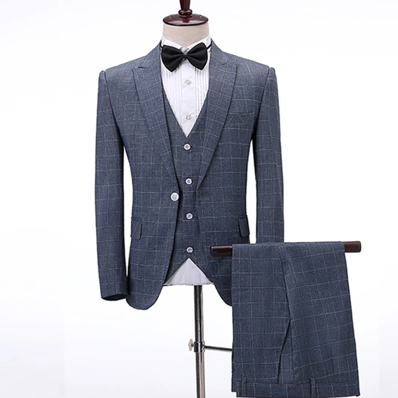 

2023 New Men's Business Casual Formal Wear Groom Dress Gray Plaid Suit Jacket Vest Pants3 Pcs Set Blazers Trousers Waistcoat
