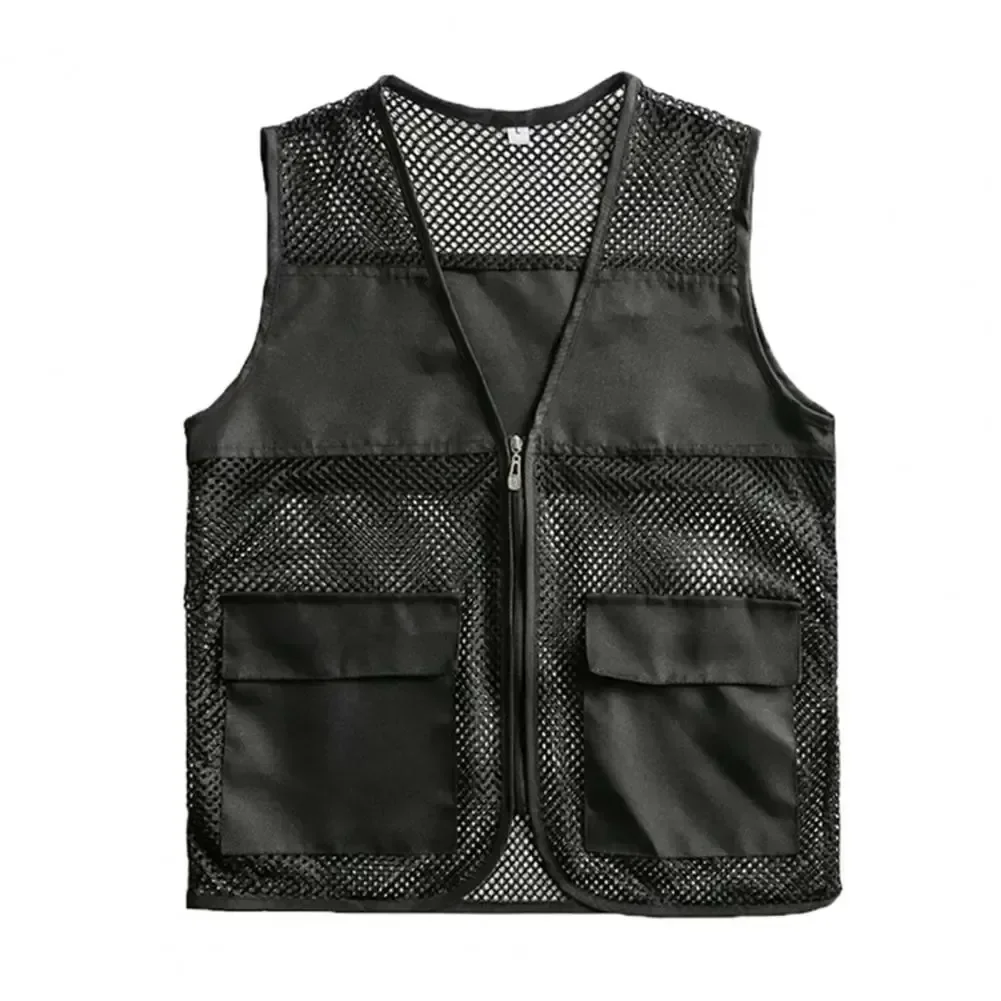 

Cargo Big Zipper Vest See-through Hollow Out Pockets Work Outdoor Clothes Neck Volunteer Loose Color Waistcoat Solid