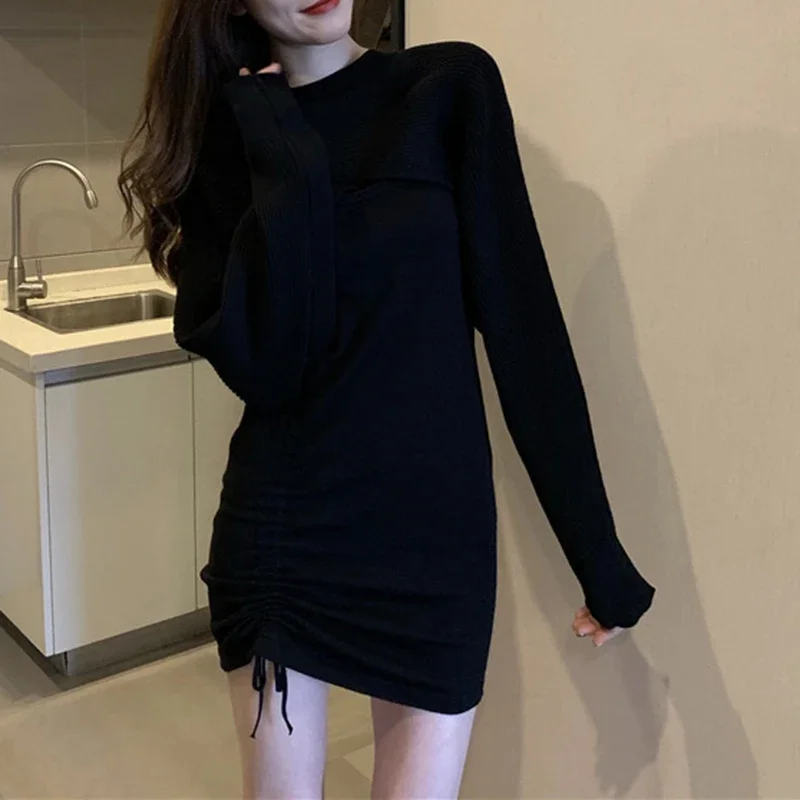 Sling Dress Female Sexy Autumn Short Drawstring Pleated Skirt Waist All-match Temperament Short Skirt Sweater Two-piece Suit