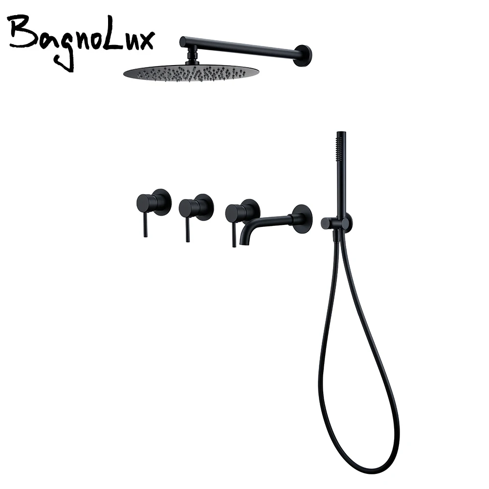 Matte Black Shower System Bathroom Bathtub Faucet Mixer Tap Wall Mount Tub Spout Rotate  8/10/12 Inch Rainfall HeadShower 2