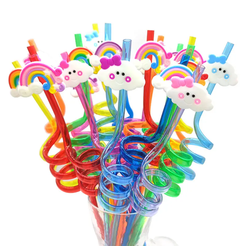 

8pcs 26cm Rainbow Bend Straw Reusable Kids Birthday Party Decor Supplies Cartoon Rainbow Plastic Cocktail Spiral Drinking Straws