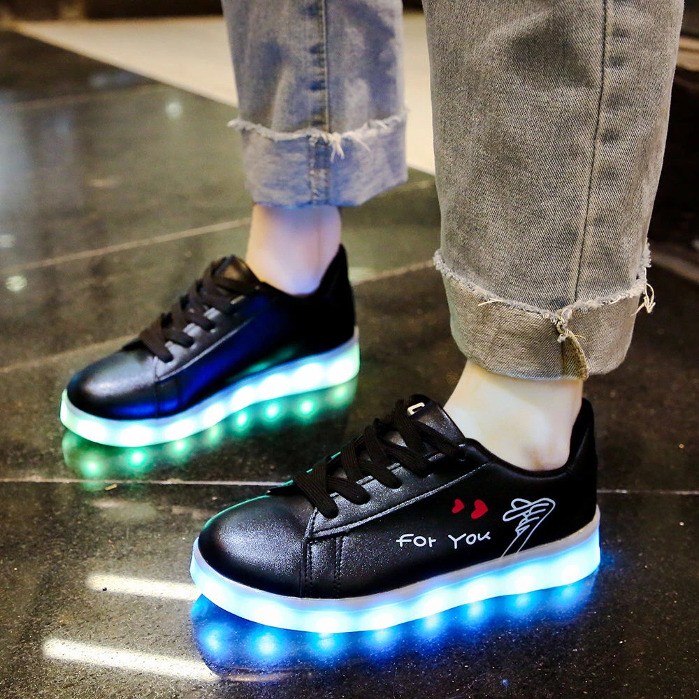 

2021 New Usb Rechargeable Luminous with Lights for Women Men LED Shoes with Lighted up sole Adults lady Love pattern Black