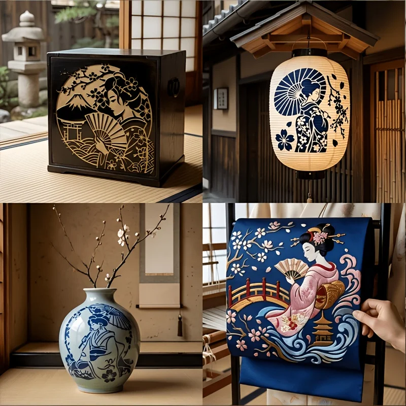 4Pcs 일본 게이샤 스텐실 재사용 가능한 게이샤 벚꽃 후지산 템플릿 DIY 공예품 벽 예술 패브릭 페인팅