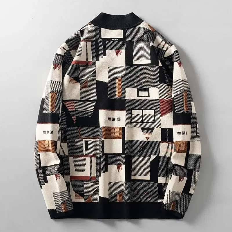 Harajuku Geometric Oil Painting Camouflage Irregular Cardigan Sweater Sweater Men Fashion Casual Autumn New Outerwear Coat Tops 2