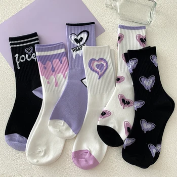 Alternative view of Women Cotton Socks Purple Heart Print Middle Tube Sock American Hip Hop Socks Street Wear Skateboard Socks Sports Sock For Girls