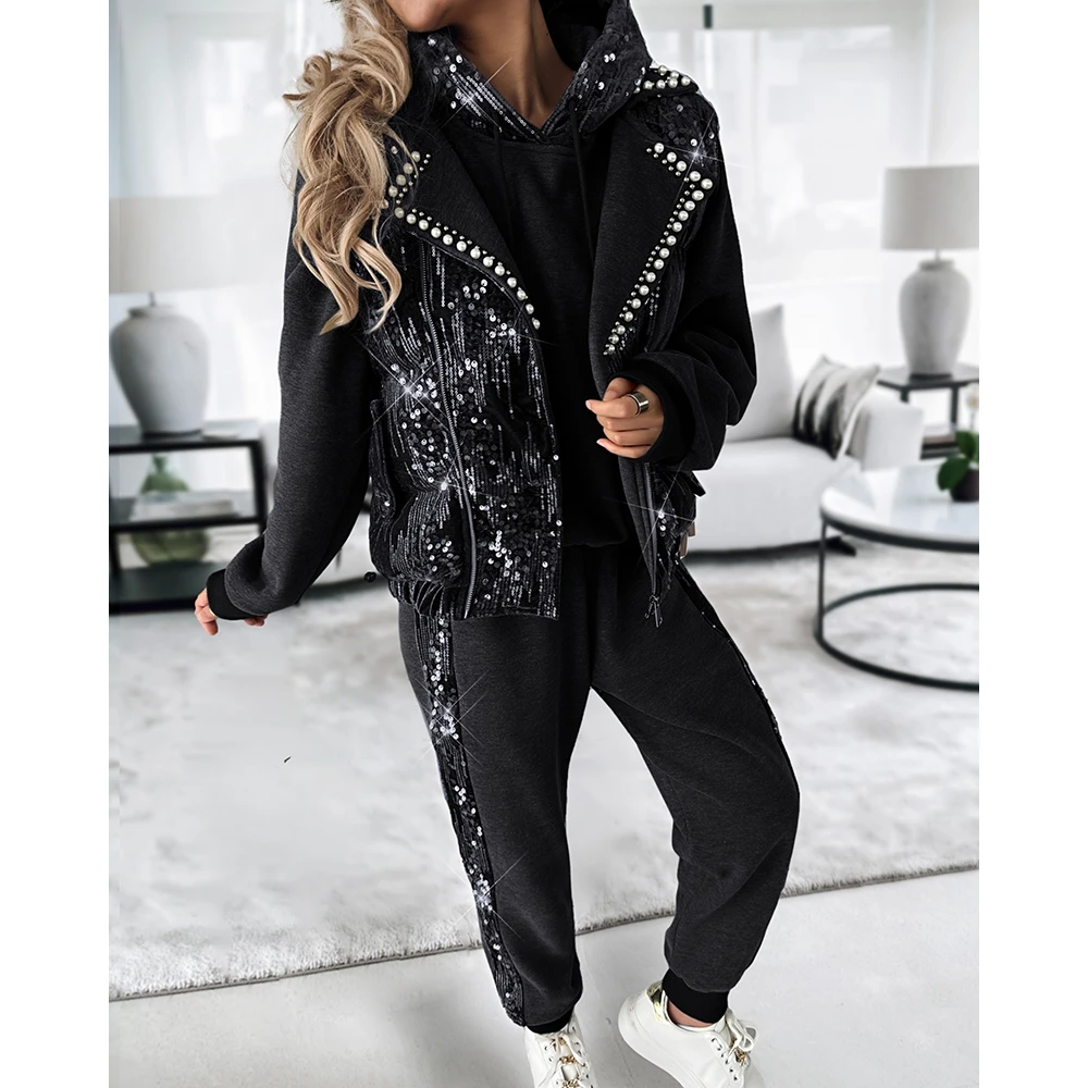 

Autumn Winter Women Three Piece Set Contrast Sequin Hoodie Pullover & Embroidered Flares Vest Coat & Cuffed Pants Set Streetwear