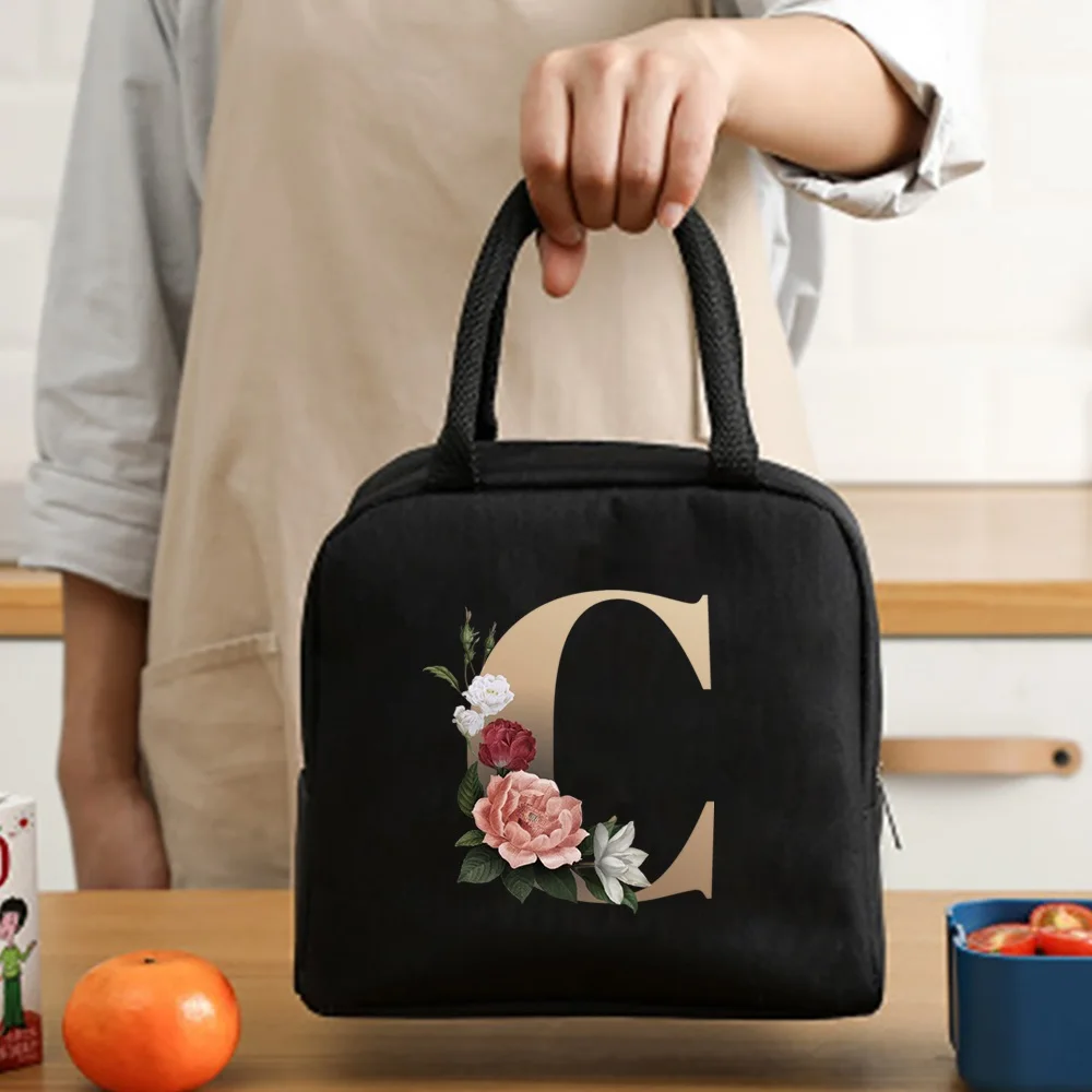 Lunch Bag Cooler Tote Portable Insulated Thermal Canvas Bag Food Picnic Unisex Travel  Lunchbox Organizer Bags Gold Letter Print