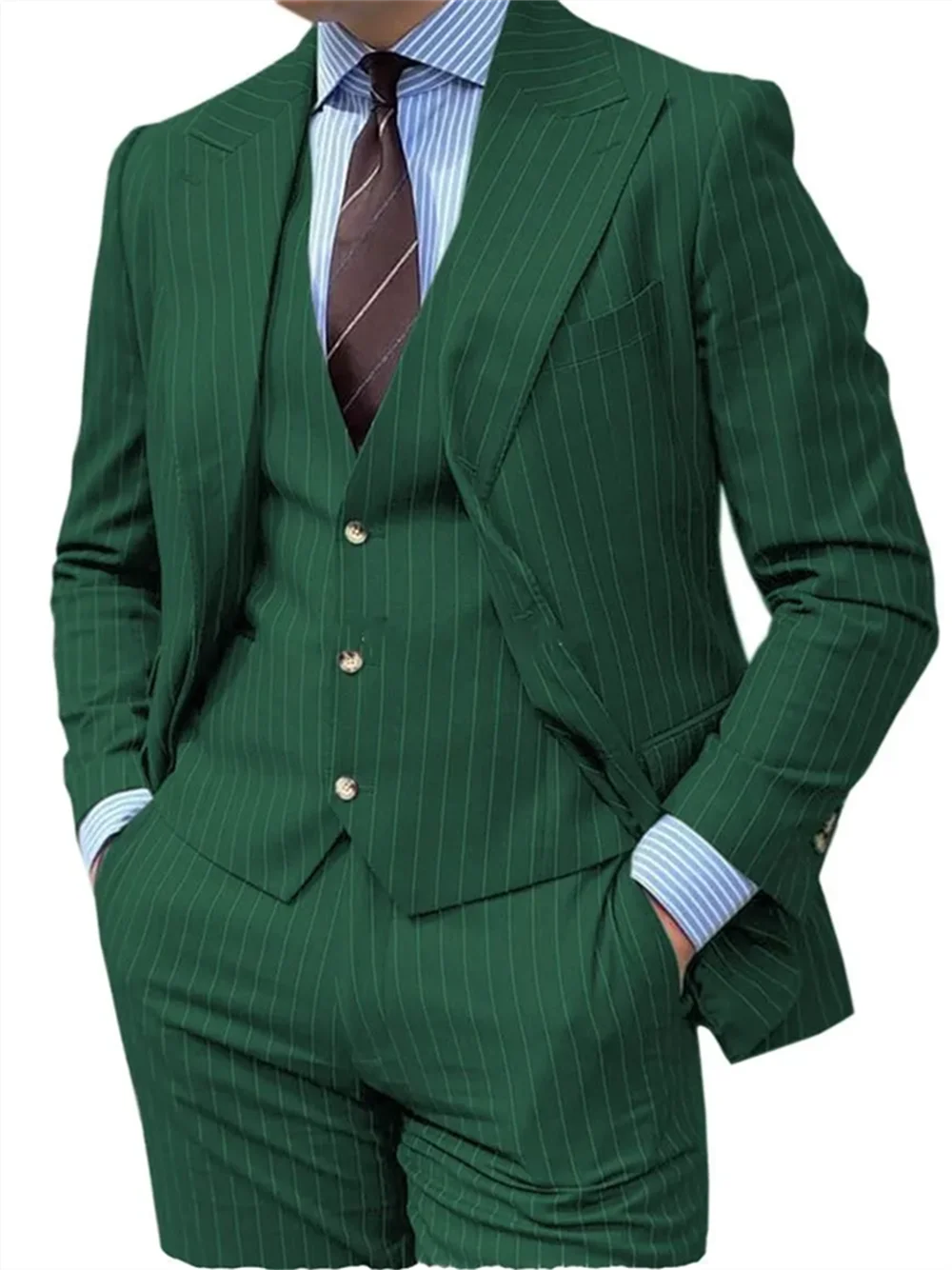 3 Pieces Grey Stripe Design Men Suits Peaked Lapel Formal Business Man Blazer  Groom Tuxedo Classic Fit Male Outfit 2