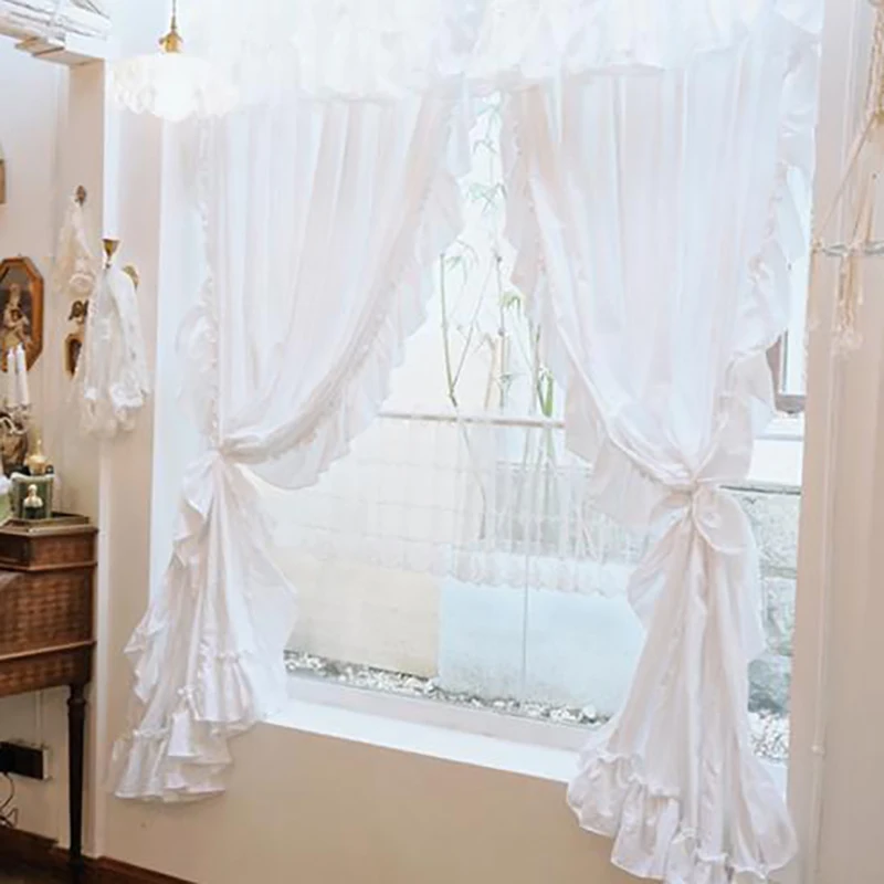 Cotton White Warp Ruffled Curtains for Living Room French Elegant Lace Valance Curtains for Bedroom Wedding Curtains #A340 3