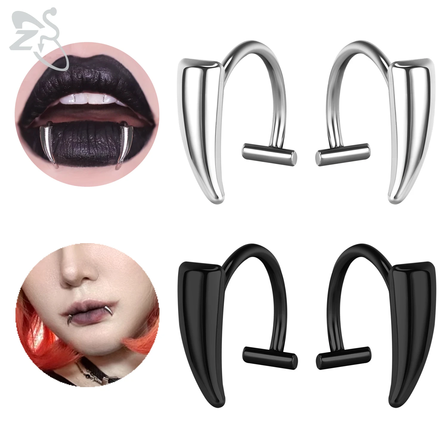 ZS 1 PC Vampire Fang Shape Stainless Steel Fake Lip Labret Piercing 