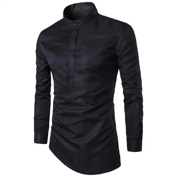 

NEW 2022 Fashion Spring Autumn Stand Collar Pullover Slim Fit Long Sleeved Solid Waiter Oblique Hem Eveining Dress Shirts Mens
