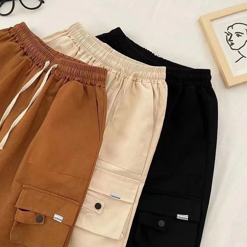 Summer Personality Pockets Loose Men's Cargo Shorts New Street Casual Waist Drawcord Tide Handsome All-match Male Short