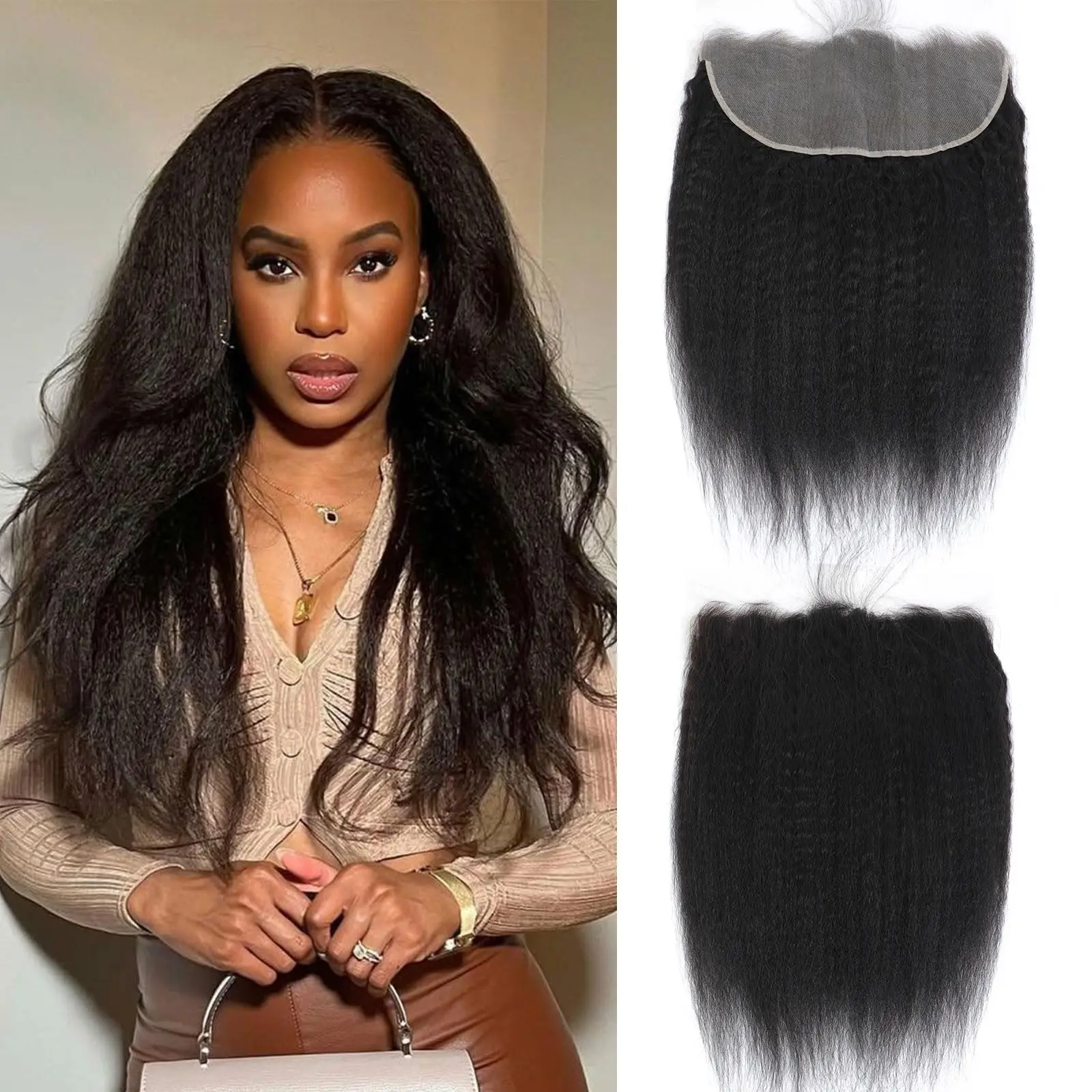 Brazilian Virgin Kinky Straight Human Hair 13x4 Lace Frontal Yaki Straight Ear to Ear Lace Frontal With Baby Hair Free Part