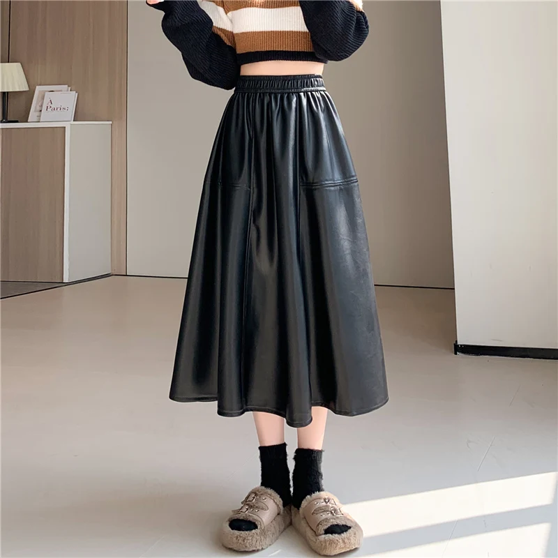 

Black Leather Skirts Women New Autumn Winter Fashion High Waist A-line PU Midi Skirt Ladies Vintage Casual Long Skirts