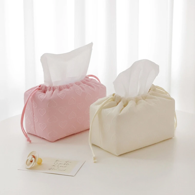 Lovely Heart Pattern Drawstring Tissue Bag Napkin Holder Container Korean Style Portable Newborn Stuff Wet Wipes Organizer 2