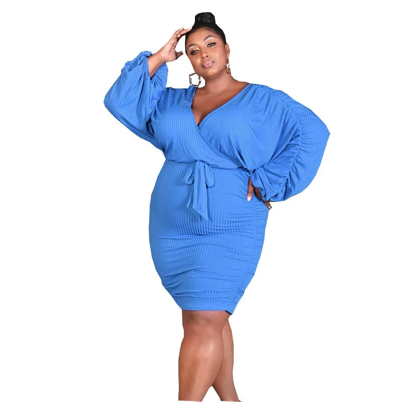 

2023 Women's Plus Size Dresses Spring Summer New Pit Strip High Waist Puff Sleeve Sexy Solid Color Hip Wrap Mini Dress