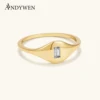 ANDYWEN 925 Sterling Silver Geometric Gold Ring with Baguette Zircon CZ, Modern Irregular Minimalist Fashion Jewelry Gift