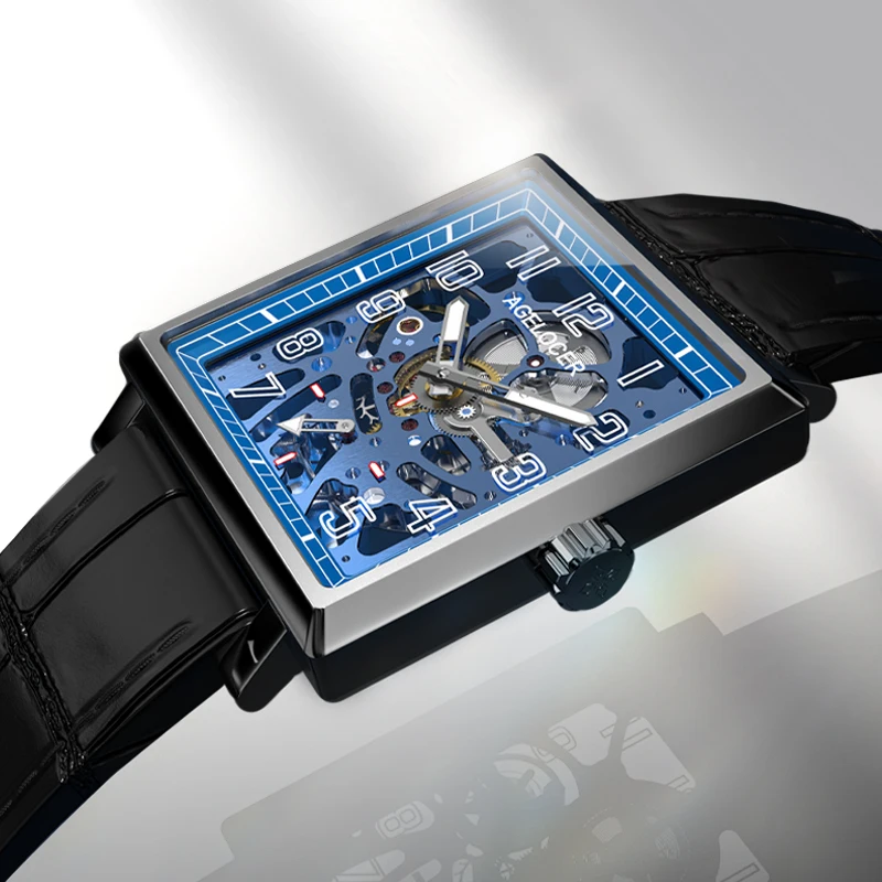 AGELOCER Men's Square Double Sided Hollow Black Skeleton Automatic Mechanical Stainless Steel Luminous Analog Dress Watch