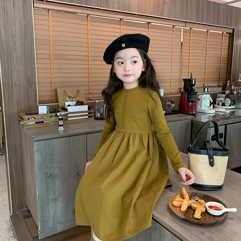 용수철 여아용 긴팔 원피스, 단색 슬림핏 공주 원피스, 가을 겨울 유행 접합 하의 원피스