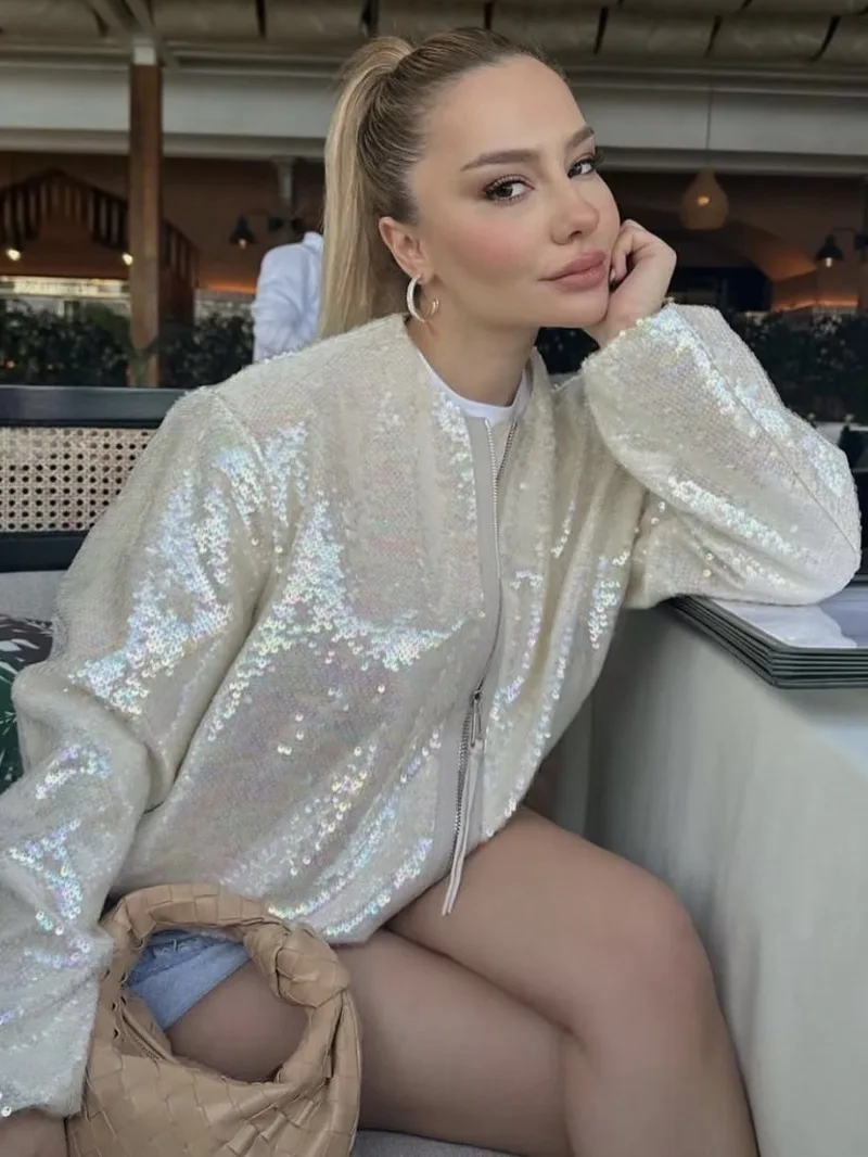 

2024 O-neck Sequins Bomber Jackets for Women Autumn Fashion Zip-up Long Sleeve White Coats Streetwear Female Tops Outerwears