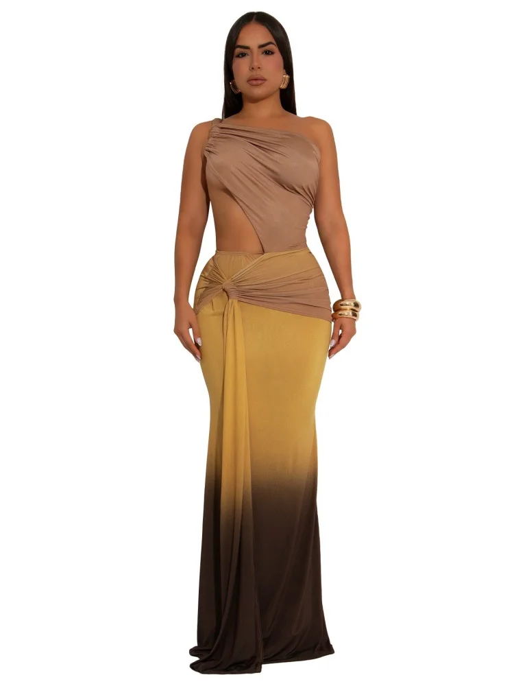 Wmstar Dress Wholesale Hot Selling European American Foreign Trade Clothing Sexy Waist Exposing Gradient Single Shoulder Summer