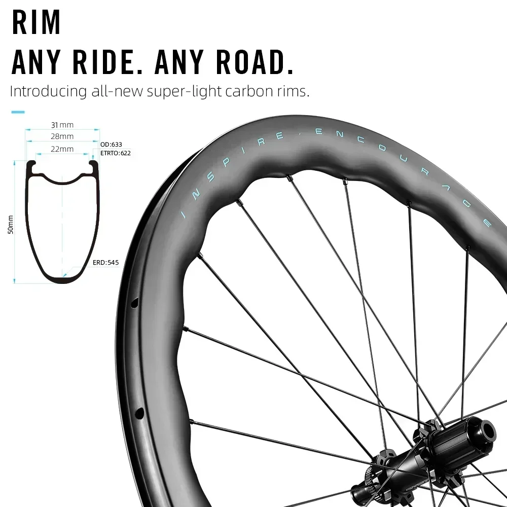 RYET Road Carbon Wheels 50mm Sinusoidal Bicycle Rimsets 22mm Tubeless Clincher Disc Brake 36T Ratchet Hub Carbon Bike Wheels