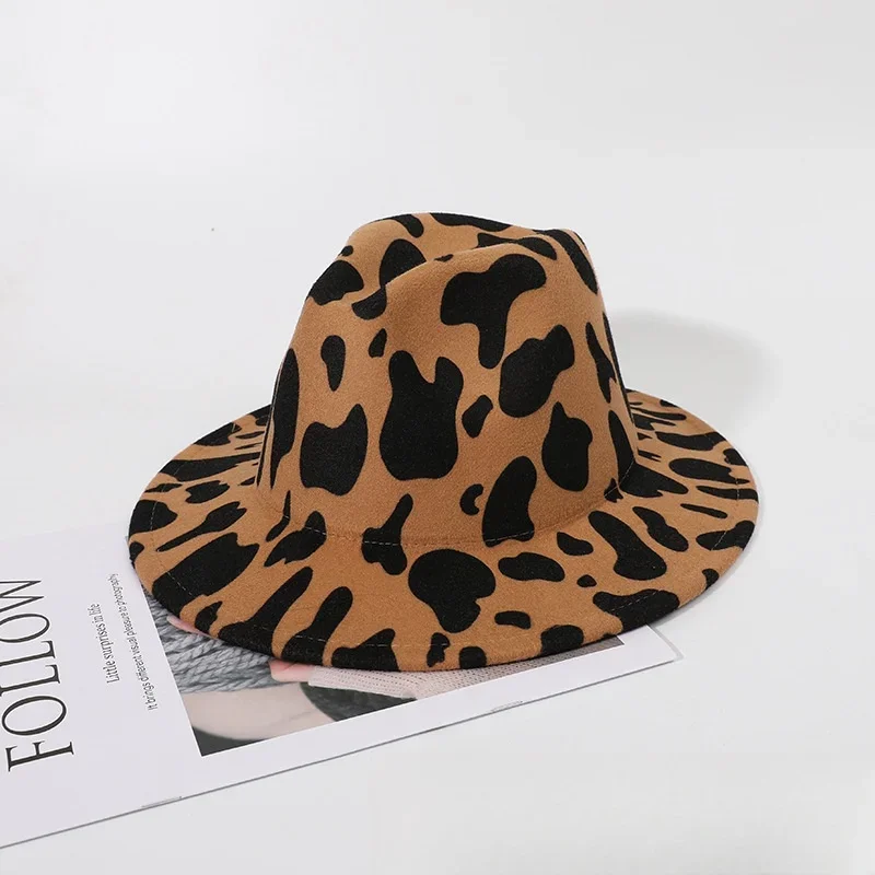 

New fashion European and British style jazz hat woolen warm large brim top hat Flat brim new cow print top hat